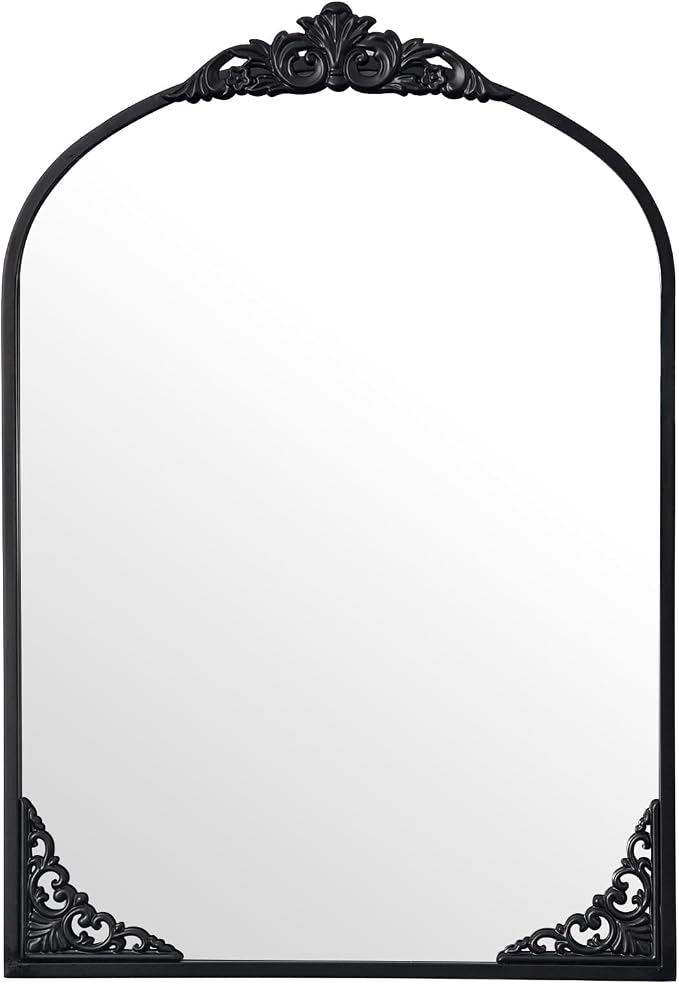 Vintage Arched Mirror 26x38 Inch Black Bathroom Mirror Antique Ornate Baroque Mirror for Living Room Entryway Bathroom Fireplace