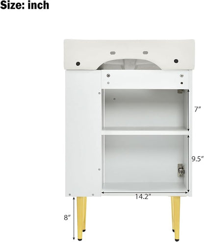 21.6 in Small Bathroom Vanity with Sink,Doors and Storage Shelves,Wood Modern Single Fluted Bathroom Sink Cabinet Freestanding (White,Right Shelf)