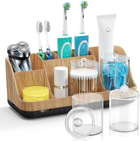 GFWARE Bathroom Toothbrush Holder Set with 2 Pack Qtip Holder Dispenser - 7 Slots Kids Bathroom Accessory Sets with Drainage, Q Tip Holder for Bathroom Sink Counter Accessories Set