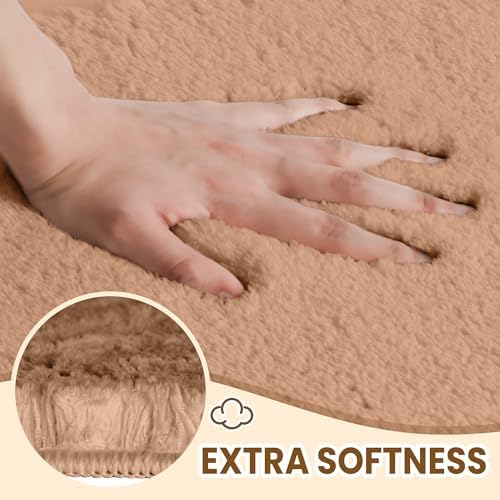 TECHMILLY Fluffy Bathroom Rug Mat 32x20, Absorbent Thick Non Slip Microfiber Mats, Quick Dry Machine Washable Bath Rug for Bathroom Floor, Bathtub and Shower, Beige