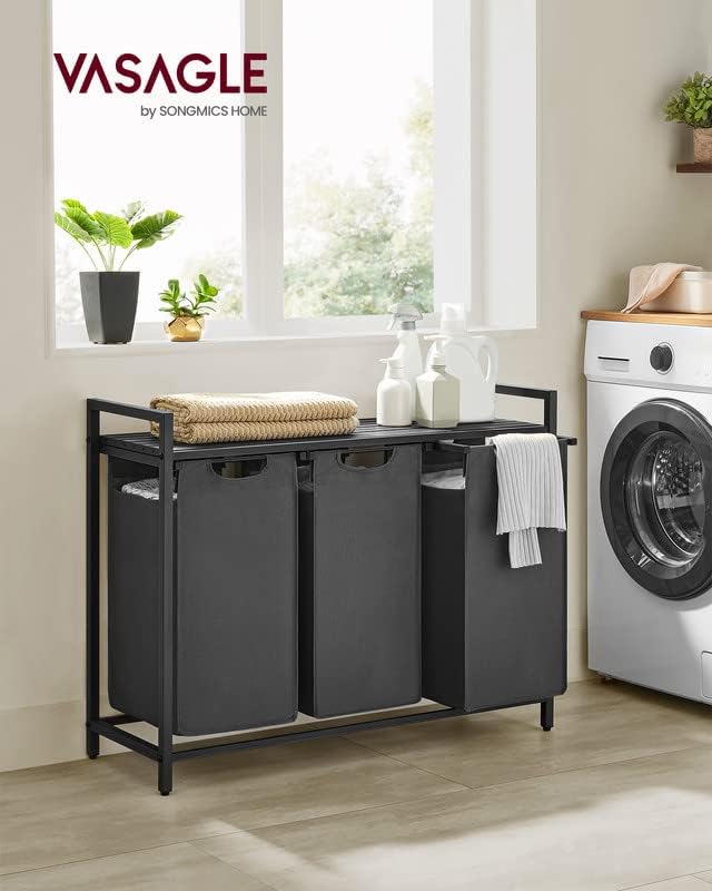 VASAGLE Laundry Hamper, Laundry Basket, Laundry Sorter with 3 Pull-Out and Removable Bags, Shelf, Metal Frame, 3 x 10.6 Gallons (40 L), 36.4 x 13 x 28.4 Inches, Slate Gray and Charcoal Gray UBLH301G01