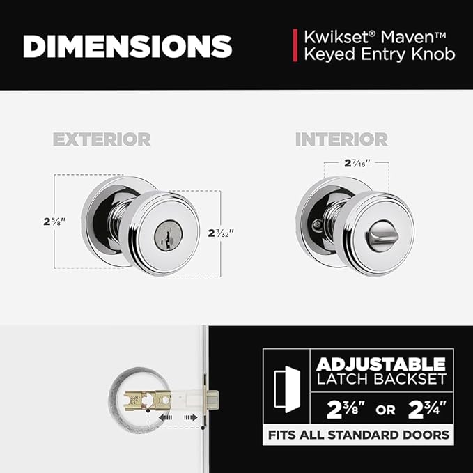 Kwikset Maven Entry Door Knob with Lock and Key, Secure Keyed Handle Exterior, Front Entrance and Bedroom, Polished Chrome, Pick Resistant SmartKey Rekey Security and Microban