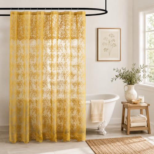 Mustard Yellow Lace Shower Curtain for Bathroom with Valance, 72 X 72 Inch