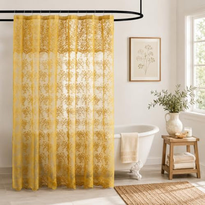 Mustard Yellow Lace Shower Curtain for Bathroom with Valance, 72 X 72 Inch