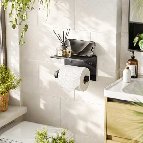 Tindbea Toilet Paper Holder with Phone Shelf, Adhesive or Screw Wall Mount Toilet Tissue Roll Holder, Rustproof & Multifunctional Stainless Steel Bathroom Storage Dispenser (Matte Black)