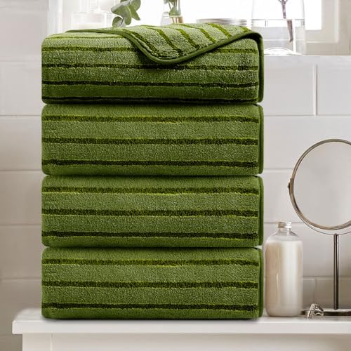 4 Piece Dark Green Cabana Stripe Large Bath Towels Oversized Bath Sheet Super Soft Breathable Jumbo Bathroom Towels Highly Absorbent Shower Towel Quick Dry Beach Chair Towel Spa Gym Hotel Towel Set