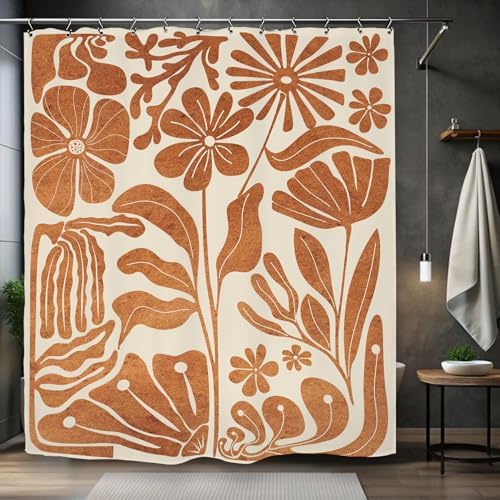 Matisse Flower Shower Curtain 60Wx72L Inch Abstract Retro Aesthetic Minimalist Vintage Art 70s Modern Burnt Orange Bathroom Set Accessories Decor with 12 Pack Hooks