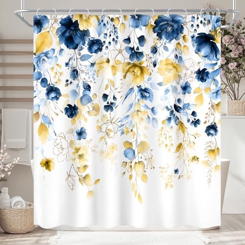 Blue Yellow Floral Watercolor Eucalyptus Leaf Bathroom Shower Curtain Set