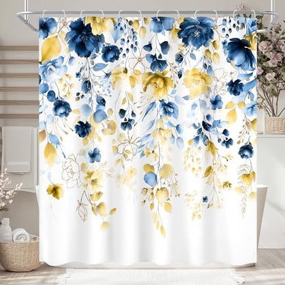 Blue Yellow Floral Watercolor Eucalyptus Leaf Bathroom Shower Curtain Set
