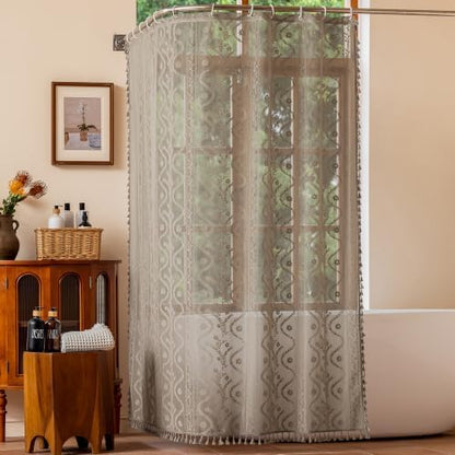 WAZZIO Taupe Lace Shower Curtain for Bathroom 72" W x 72" L, Victorian Farmhouse Floral Pattern Tassel Fancy Shower Curtain Boho Washable Cloth Decorative Bath Curtains,1 Panel