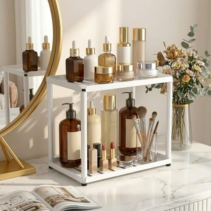 2 Tier Bathroom Counter Organizer, Rectangular Vanity Organizer Shelf, Skincare and Makeup Countertop Storage Rack for Kitchen, Bathroom, Bedroom,White