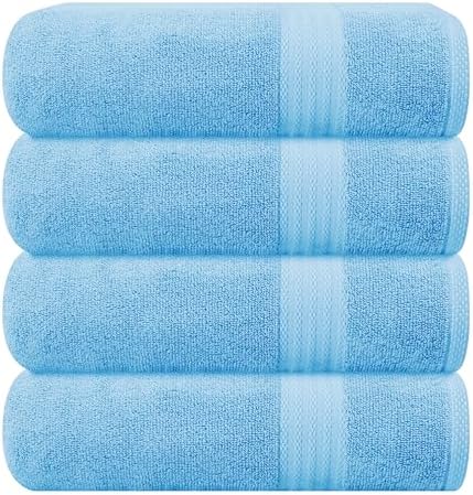 GLAMBURG Premium Cotton 4 Pack Bath Towel Set - 100% Pure Cotton - 4 Bath Towels 27x54 - Ideal for Everyday use - Ultra Soft & Highly Absorbent - Sky Blue