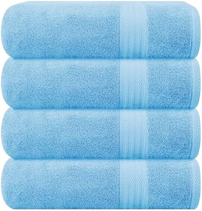 GLAMBURG Premium Cotton 4 Pack Bath Towel Set - 100% Pure Cotton - 4 Bath Towels 27x54 - Ideal for Everyday use - Ultra Soft & Highly Absorbent - Sky Blue