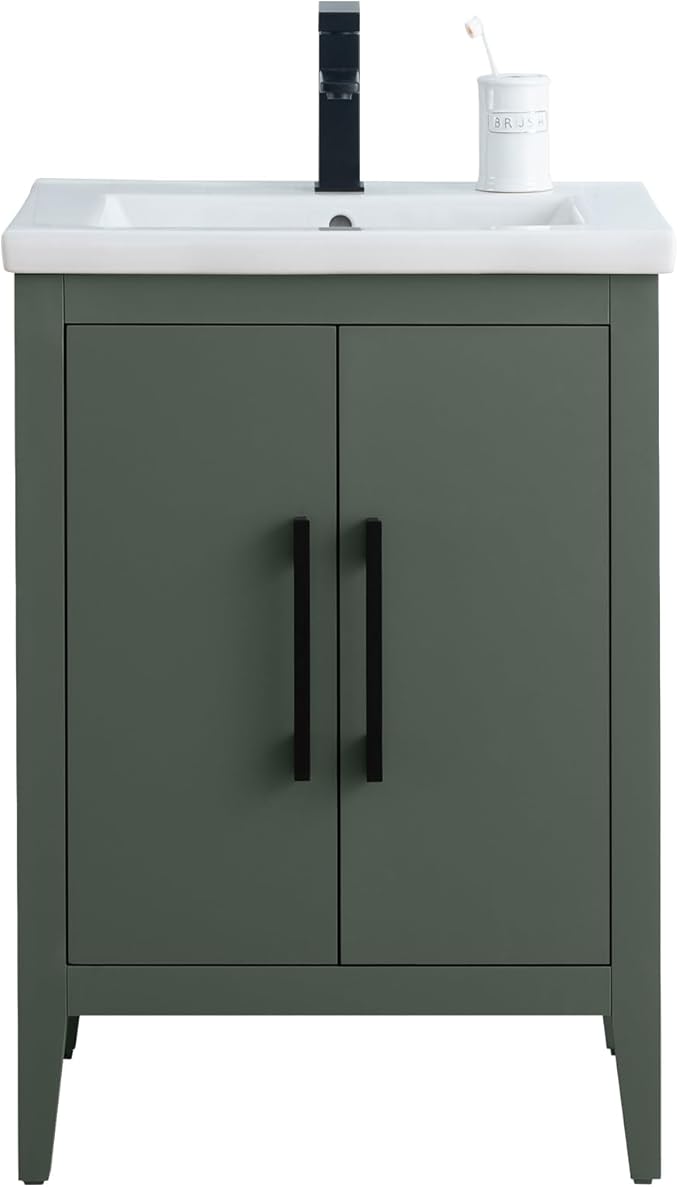 Vanity Art 24 inch Bathroom Vanity with Single Sink & Ceramic Top, Vanity Cabinet with Soft-Closing Doors, Solid Wood Frame, Vintage Green,VA9024-VG-MB1