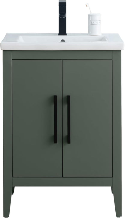 Vanity Art 24 inch Bathroom Vanity with Single Sink & Ceramic Top, Vanity Cabinet with Soft-Closing Doors, Solid Wood Frame, Vintage Green,VA9024-VG-MB1