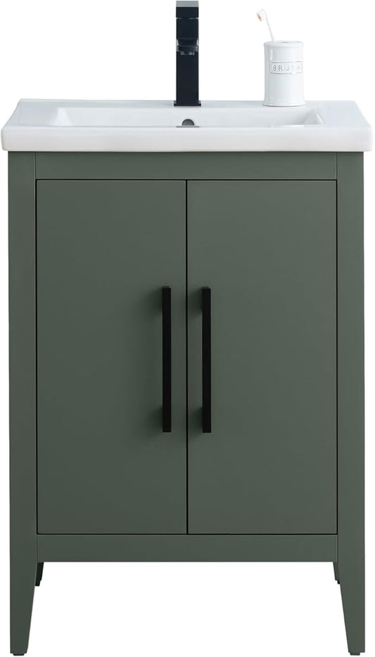 Vanity Art 24 inch Bathroom Vanity with Single Sink & Ceramic Top, Vanity Cabinet with Soft-Closing Doors, Solid Wood Frame, Vintage Green,VA9024-VG-MB1