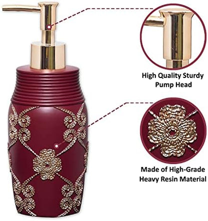 Zahari Home 4pc Elegant Rose Burgundy Bathroom Set Classic Bathroom Lotion Dispenser, Tumbler, Toothbrush Case and Bar Soap Holder Modern Uunique Design Burgundy Red Bathroom Accessories