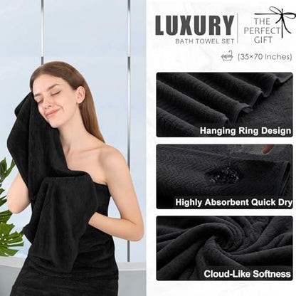 8 Piece Bath Towel Set Black|2 Oversized Large Bath Sheet,2 Hand Towels,4 Washcloths| Ultra Soft Cozy Bath Towel Set for Bathroom Hotel Gym Spa,Highly Absorbent & Quick Dry Bathroom Towel Collections