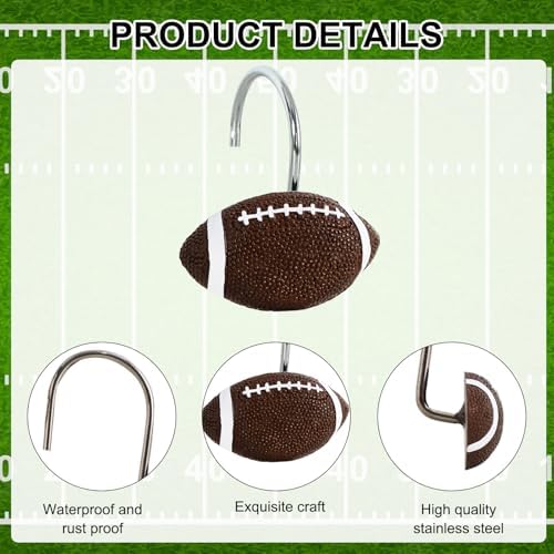 12-Piece Football Shower Curtain Hooks for Bathroom