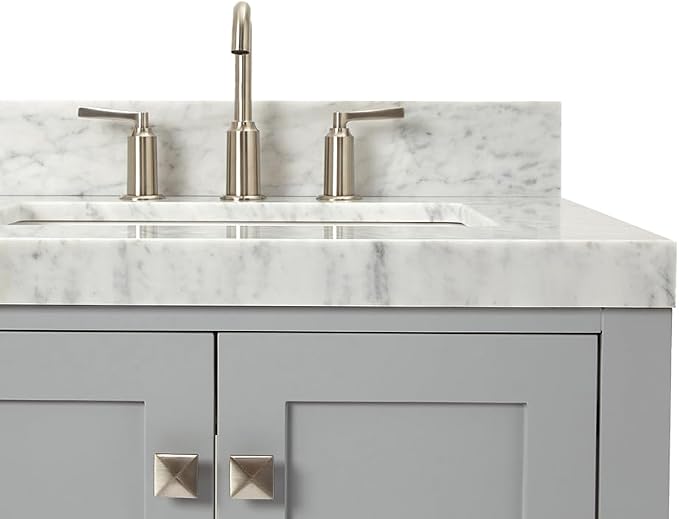 ARIEL Cambridge 36-inch Bathroom Vanity with Sink,Solid Wood, 2-inch Italian Carrara Marble Countertop, Single Rectangular Porcelain Sink, 2 Soft Closing Doors, 5 Dovetail Drawers, Grey