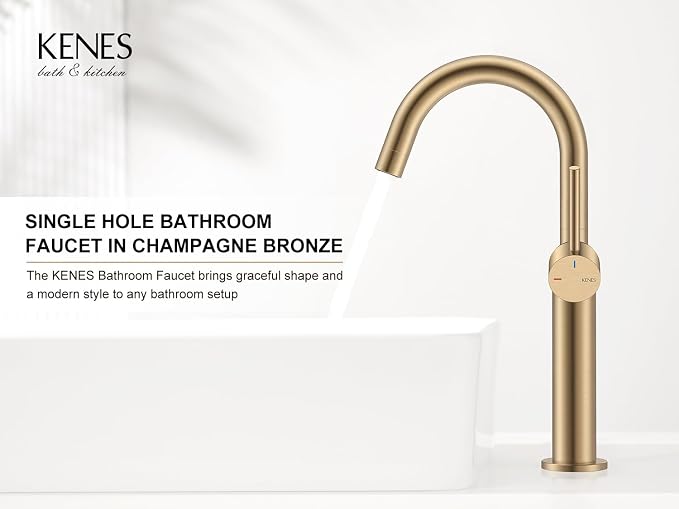Champagne Bronze Vessel Sink Faucet, 1 Handle Tall Bathroom Faucet | Vessel Bowl Faucet with Pop Up Drain & Supply Lines, Lead-Free cUPC & NSF Certified, 1 Hole Faucet for Vanity RV Restroom