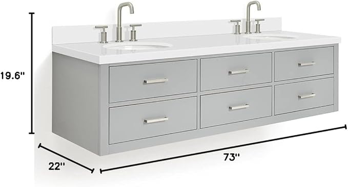 ARIEL Hutton 73 in. Double Oval Sink Floating Wall Vanity with 1.5" Inch White Quartz Countertop in Grey