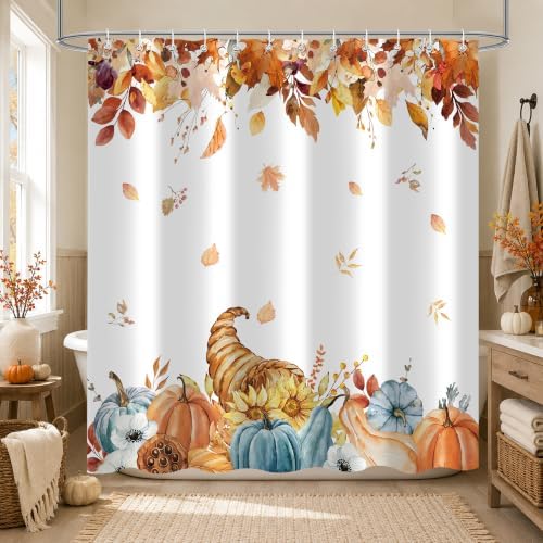 Harvest Pumpkin Shower Curtain, 60 x 72 Inch Watercolor Fall Bathroom Curtain with Autumn Leaves, Cornucopia and Blue Pumpkin Design, Farmhouse Bath Decor
