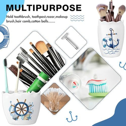 Newtay Nautical Bathroom Accessories Set of 4, Coastal Lighthouse Compass Anchor Sailboat Tumbler Soap Dispenser Toothbrush Holder Soap Dish for Ocean and Sea Coastal Theme Bathroom Decoration