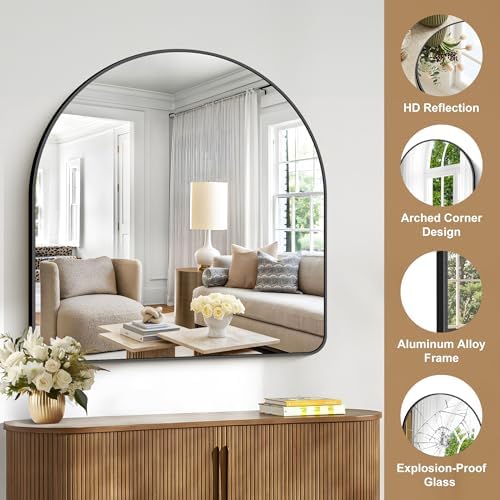 Arched Bathroom Mirror, 40"x40" Black Arched Mirror for Bathroom, Wall Mounted Mirror, Black Vanity Wall Mirror w/Metal Frame for Bedroom, Entryway, Living Room, Hanging or Leaning Against Wall