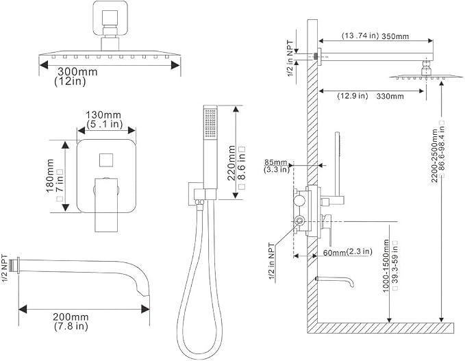 Brushed Gold Rain Shower System Tub Shower Faucet Set 12 Inch Square Rainfall Shower Head with Handheld Sprayer and Tub Spout Rough-in Valve Shower Mixer Combo Kit