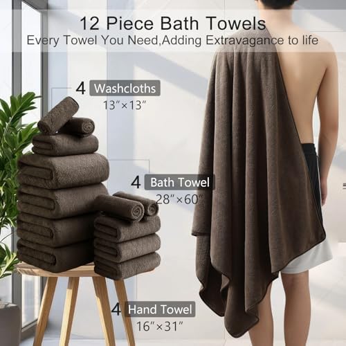Luxury Bath Towels Set - 12 Piece (4 Large Bath Towels,4 Hand Towels,4 Washcloths), 100% Microfiber,Extra Absorbent Super Soft & Quick Dry,Complete Family Pack for Bathroom Gym Pool,Brown