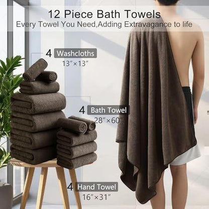 Luxury Bath Towels Set - 12 Piece (4 Large Bath Towels,4 Hand Towels,4 Washcloths), 100% Microfiber,Extra Absorbent Super Soft & Quick Dry,Complete Family Pack for Bathroom Gym Pool,Brown
