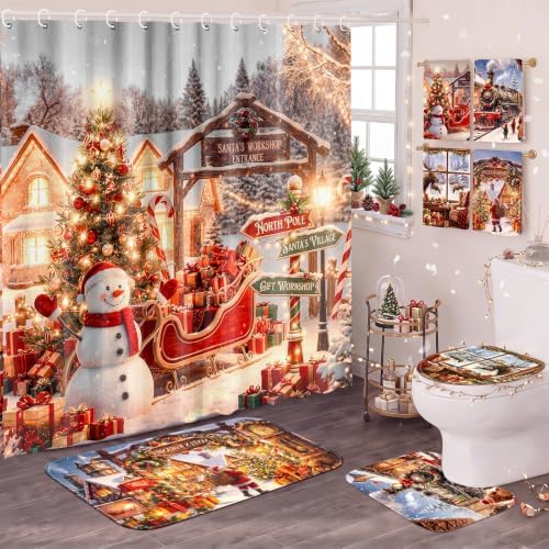 FuWeave 8 Pcs Christmas Shower Curtain Set for Bathroom Decor Include Vintage Steam Train Snowman Towels Christmas Non Slip Santa Cabin Rugs Toilet Lid Cover Xmas Bath Mat and 12 Hooks