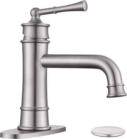 Brushed Nickel Bathroom Faucet Antique, Single Handle Bathroom Faucet | 1 or 3 Hole Sink Mount, Pop Up Drain & Supply Lines Included, Ideal for Vanity, Lavatory, RV, Farmhouse(L2301-BN)