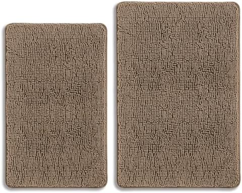 Taupe Bathroom Rugs Sets 2 Piece – Absorbent and Washable Bath Mat, Non-Slip, Thick Soft Chenille Bath Rugs for Bathroom Floor, Shower, Sink - 20" x 32"+24" x 36"