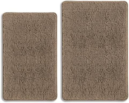 Taupe Bathroom Rugs Sets 2 Piece – Absorbent and Washable Bath Mat, Non-Slip, Thick Soft Chenille Bath Rugs for Bathroom Floor, Shower, Sink - 20" x 32"+24" x 36"
