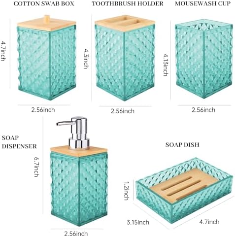 Bathroom Accessory Set, Grid Pattern 5 Pcs Plastic Bathroom Set, Teal
