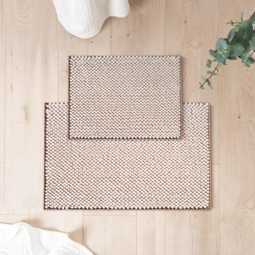 FRESHMINT Chenille Bath Rugs Set 2 Piece, White & Brown, 17"x24"+20"x32"