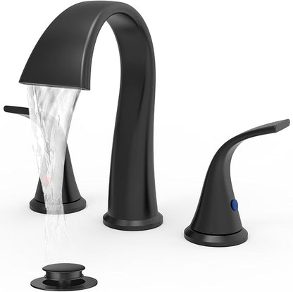 Bathroom Faucets 3 Hole Bathroom Sink Faucet with Pop Up Drain and Water Supply Hoses 8 Inch Waterfall Bathroom Faucet Two Handles for Vanity,Lavatory,Restroom,Commercial,Black