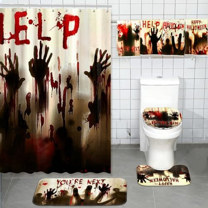 FuWeave 8 Pcs Halloween Bathroom Decor Ghost Shadow Shower Curtain Rug Set