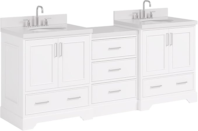 ARIEL Stafford 84-inch Bathroom Vanity with Sink,Solid Wood, 1.5in Pure White Quartz Countertop & Backsplash, Double Oval Porcelain Sink, 4 Soft Closing Doors, 5 Dovetail Drawers, White