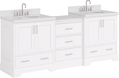 ARIEL Stafford 84-inch Bathroom Vanity with Sink,Solid Wood, 1.5in Pure White Quartz Countertop & Backsplash, Double Oval Porcelain Sink, 4 Soft Closing Doors, 5 Dovetail Drawers, White