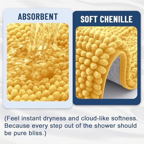Grandaily Chenille Striped Bathroom Rugs 59x24, Extra Thick and Soft Absorbent Bath Mats, Rubber Backing, Plush Shaggy Shower Carpet, Machine Wash Dry, Bath Rug for Bathroom, Light Yellow