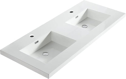 Dowell 61" Bathroom Sink,Double Bowl Vanity Basin,Rectangular Drop-In Bathroom Sink with Overflow,White-000 6122BP