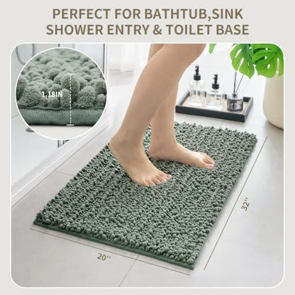 Bathroom Rugs Non Slip Washable 32x20, Extra Thick Soft Chenille Absorbent Bath Mat, High Density Barrier Non Slip Backing, Quick Dry Plush Shaggy Floor Carpet for Tub&Shower, Sage Green