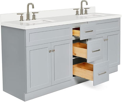 ARIEL Hamlet 72-inch Bathroom Vanity with Sink,Solid Wood, 1.5-inch Pure White Quartz Countertop & Backsplash, Double Rectangular Porcelain Sink, 4 Soft Closing Doors, 3 Dovetail Drawers, Grey