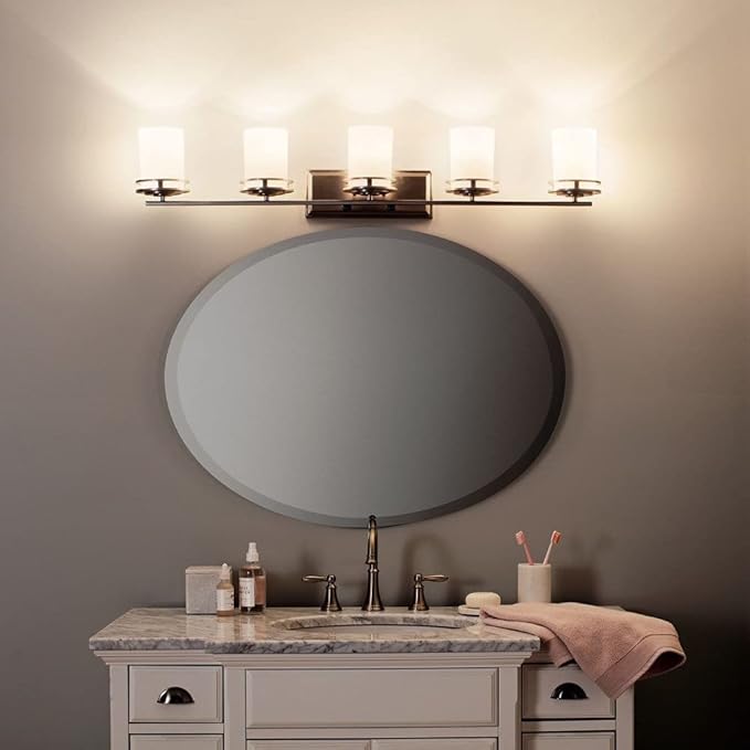 Kichler Hendrik 43" 5 Light Vanity Light with Satin Etched Cased Opal Chrome