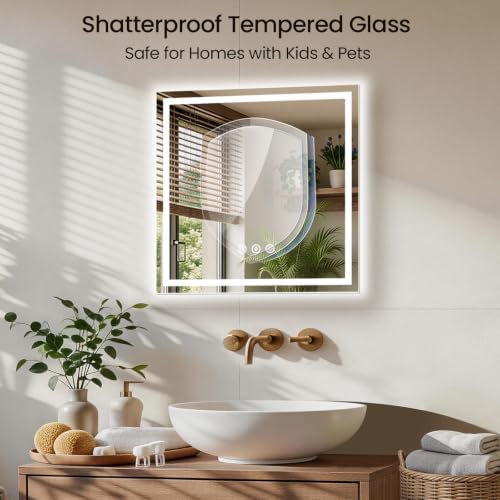 30"x30" LED Bathroom Mirror with Anti-Fog, Backlit & Front Lights, Memory
