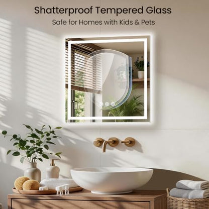 30"x30" LED Bathroom Mirror with Anti-Fog, Backlit & Front Lights, Memory