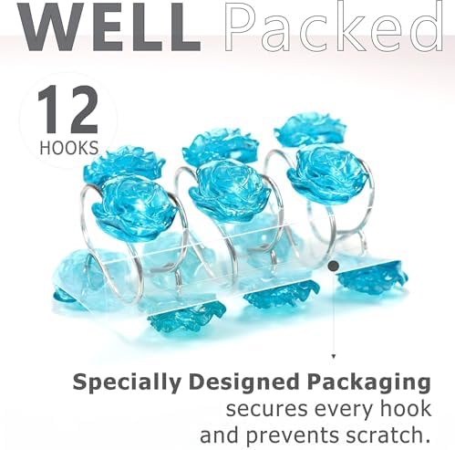 Teal Blue Rose Shower Curtain Hooks: Turquoise Aqua Flower Rings, 12Pcs